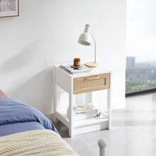 Rattan Side Table With Drawer, Modern Bedside Table, Side Table For Living Room, Bedroom, White - H55/W40/D40 Cm - White - View 1