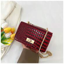 Faux Leather Solid Color Crocodile Embossed Fashion Mini Chain Crossbody Bag - Burgundy - View 5