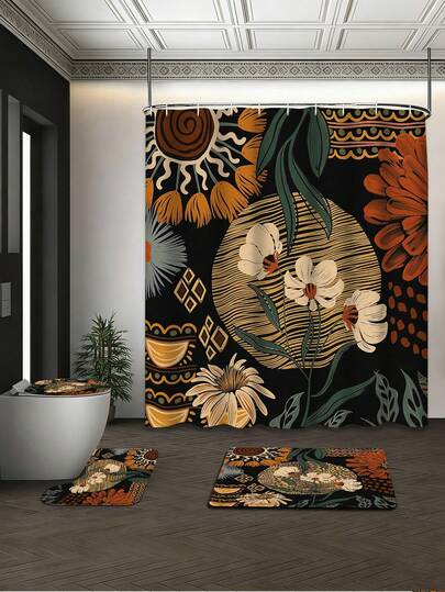 四件套浴室浴帘套装，配有防水耐磨的挂带和12个挂钩，包括浴帘、马桶盖、浴垫和地毯。涤纶面料可水洗且防霉，适用于家庭/酒店/单身公寓/校园宿舍/春季浴室装饰，母亲节礼物之选。