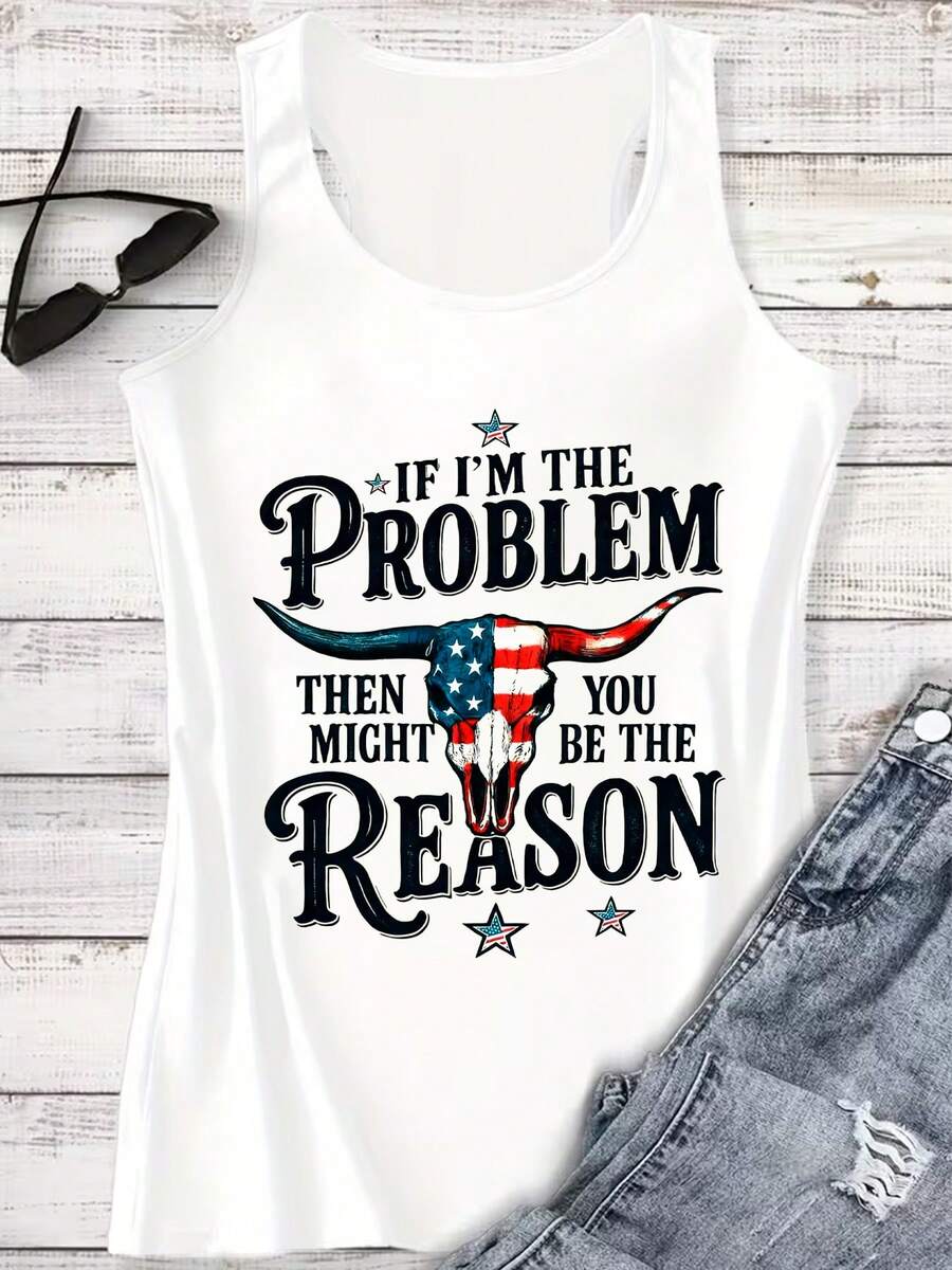Women's Casual Sleeveless Round Neck T-Shirt With Funny Graphic Print Cotton Blend Tank Top - trắng - Xem 1