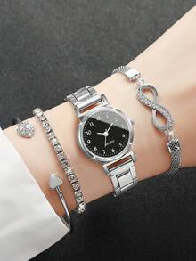 4pcs/Set Women's Gift Watch With Small Dial, Elegant Quartz Wrist Watch + Bracelet (Watch Box Not Included) - Silver - View 10