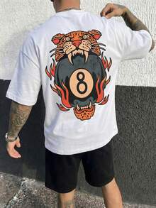 Men's Round Neck Cartoon Numeral Print Casual Versatile Daily Wear Short Sleeve T-Shirt - White - View 1