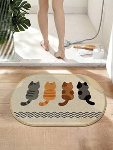 1 pieza Alfombra de baño con diseño de gato de dibujos animados, alfombra de lino, fácil de cuidar, para entrada del baño, alfombra de baño para inodoro, esencial para dormitorio, decoración de baño, decoración interior, decoración del hogar, primavera/verano, decoración navideña - multicolor - Ver 2