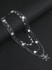 Bộ 3 dây chuyền hình ngôi sao đính sequin và ngọc trai phong cách retro Y2K, dây chuyền đường phố ngọt ngào cá tính dành cho các cô gái. - Bạc - Xem 4