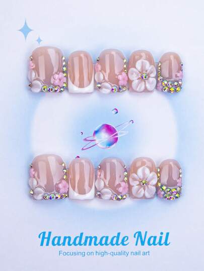 10pcs Square Shaped Handmade Nail Tips, Y2K Baddie Style, Nude & White Color With French Tips, Carved Patterns, Rhinestone Elements, Suitable For Parties, Dances, Daily Wear, Includes Tool Kit, Great Gift For Women And Girls Nails Nail Supplies Handmade Press On Nails
