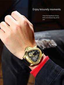 1pc Men's Gold Hollow Automatic Mechanical Watch, Luminous Pointer, Leather Strap, Fashion Business Gift Watch - Gold - View 8