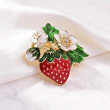 Cute Strawberry & White Flower Brooch, Gold Enamel Rhinestone Pin, Women's Fashion Jewelry, Birthday/Anniversary Gift For Girlfriend/Best Friend - Red - View 10