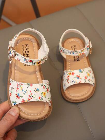 1 Pair Girls' Floral Print Decorated Faux Leather Non-Slip Durable Open Toe Strap Flat Sandals, Sweet Style For Summer Daily Wear
