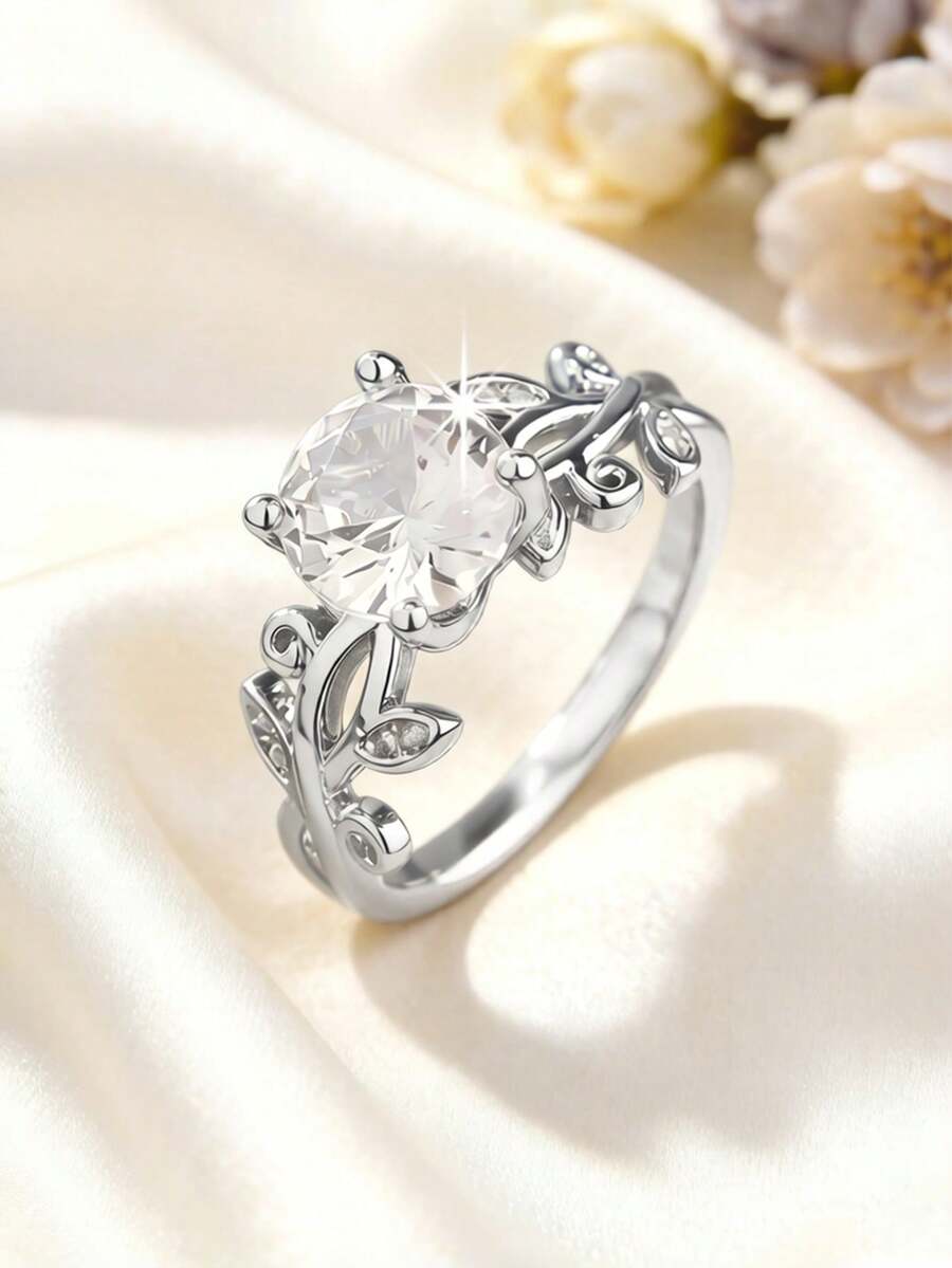 1 chiếc nhẫn đính hôn nữ thanh lịch, tinh tế, hình tròn, đính đá Cubic Zirconia tổng hợp, thích hợp làm quà tặng sinh nhật, quà tặng ngày lễ, quà tặng Ngày Valentine và phụ kiện mùa hè. Phù hợp để đeo hàng ngày. - Bạc - Xem 1