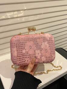Bolso de mano con estampado floral, elegante bolso de mano con forma de caja rígida y correa de cadena, adecuado para fiestas de noche y regalos para mujeres - Rosa - Ver 9