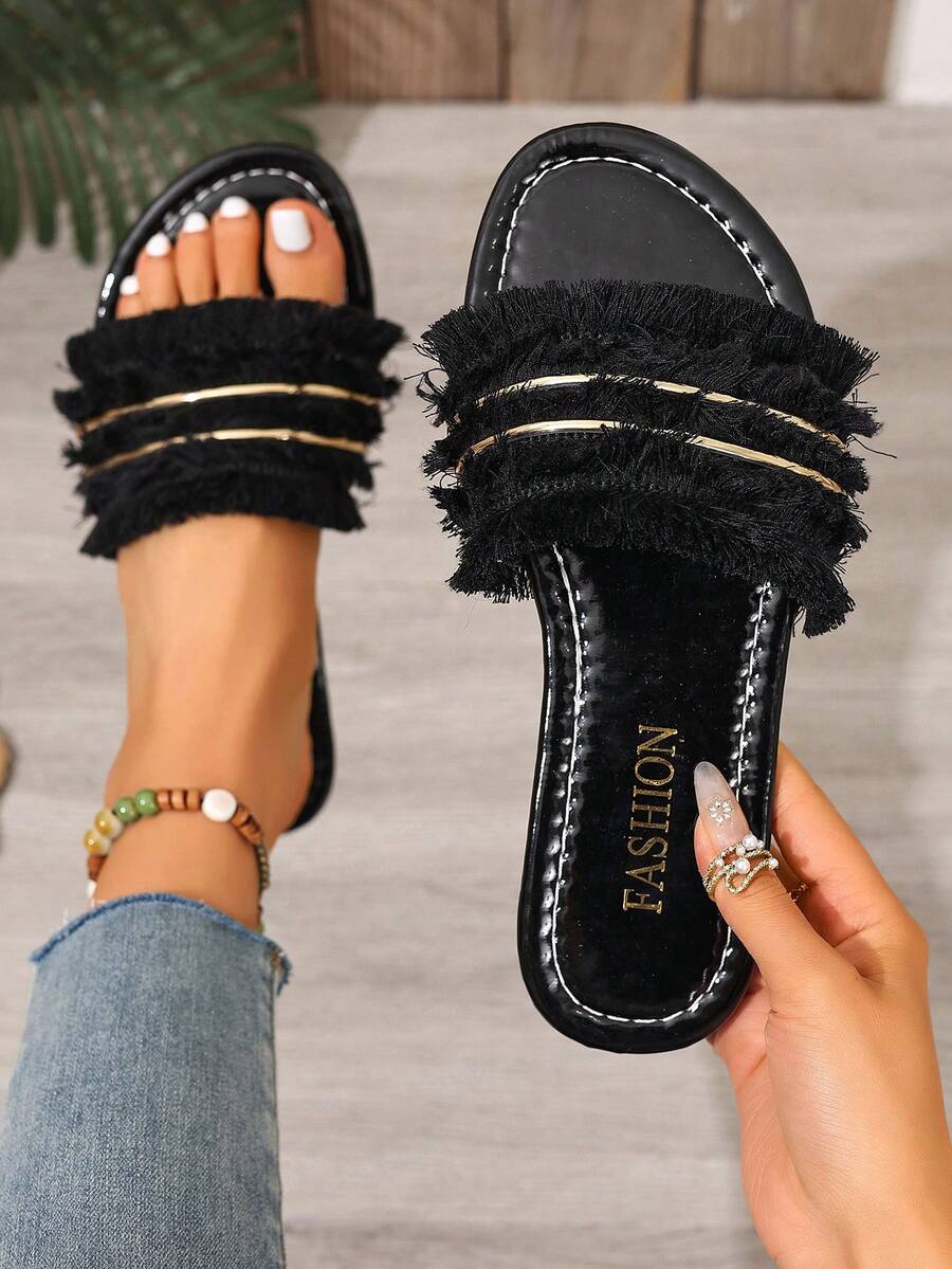 Orange Bohemian Style Tasseled Women's Flat Sandals, Beach Summer Slip-On Slippers