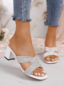 Glitter Decor Thick Sole High Heel Sandals - Girls' Chunky Heel Party Sandals - White - View 6