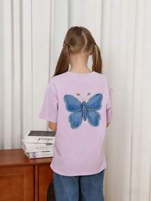 女童休闲印花圆领短袖T恤，夏季上衣 - 淡紫色 - 查看 2