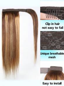 Highlight Ponytail Human Hair Extensions 4/27 Brown Ombre Blonde Silky Straight Wrap Around Clip In Ponytail 8-24Inch Long Straight Ponytail Hair Extensions With Hair Tie Wrapped Around - S4/27 - View 4