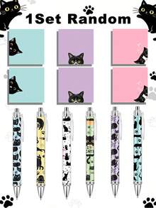 1/6 套可爱黑猫圆珠笔和便签纸套装，可伸缩按压式圆珠笔（黑色墨盒），自粘便签纸，办公、家庭和学校用品，教师和学生必备，生日和返校礼物 - 黑貓套裝 - 查看 11