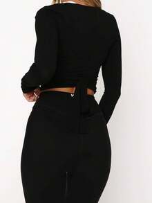 Women Pilates Wrap Top Workout Ballet Self Tie Shirt Long Sleeve Cross Deep V Neck Yoga Blouse Slim Fit Crop Top For Dance Gym Home Daily Wear - 黑色 - 查看 2