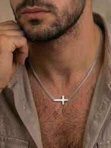 男士18K镀金304不锈钢侧十字架吊坠项链 - 简约男士链首饰，防褪色防水 - 彩色 - 查看 4