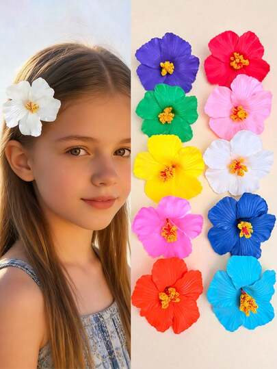 10pcs/Set Hawaiian Flower Hair Clips, Girls Hibiscus & Lotus Flower Hair Clips, Artificial Flower Hair Clips, Suitable For Vacation, Beach Party, Bohemian Style Fabric Hair Clips Set, Elegant Solid Color Flower Hair Clips, Lotus Flower Hair Accessories, Flat Claw Clips, Hair Clips, Hair Claws, School Supplies, Headwear