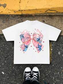 Disney Y2K Style Stitch & Angel Pink Bow Heart Sweet Short Sleeve T-Shirt - White - View 2