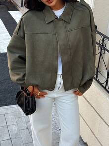 Chaqueta bomber versátil y casual de estilo gamuza para mujer, nueva para primavera y otoño de DEEKA - Verde militar 1 - Ver 1