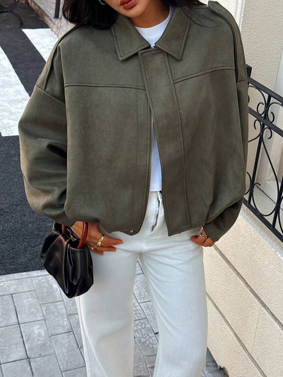Chaqueta bomber versátil y casual de estilo gamuza para mujer, nueva para primavera y otoño de DEEKA - Verde militar 1 - Ver 1