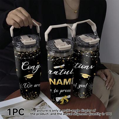 1pc/5pcs 30oz Black Gold Graduation Season Printed Stainless Steel Insulated Coffee Tumbler. Suitable For Graduation Season, Can Keep Hot Or Cold Drinks Warm, With Handle Design, Convenient For Commuting, Outdoor Activities And Camping. Applicable For Office, Study, Gym And Travel. Also Suitable For Personal Use Or As A Gift For Family And Friends.