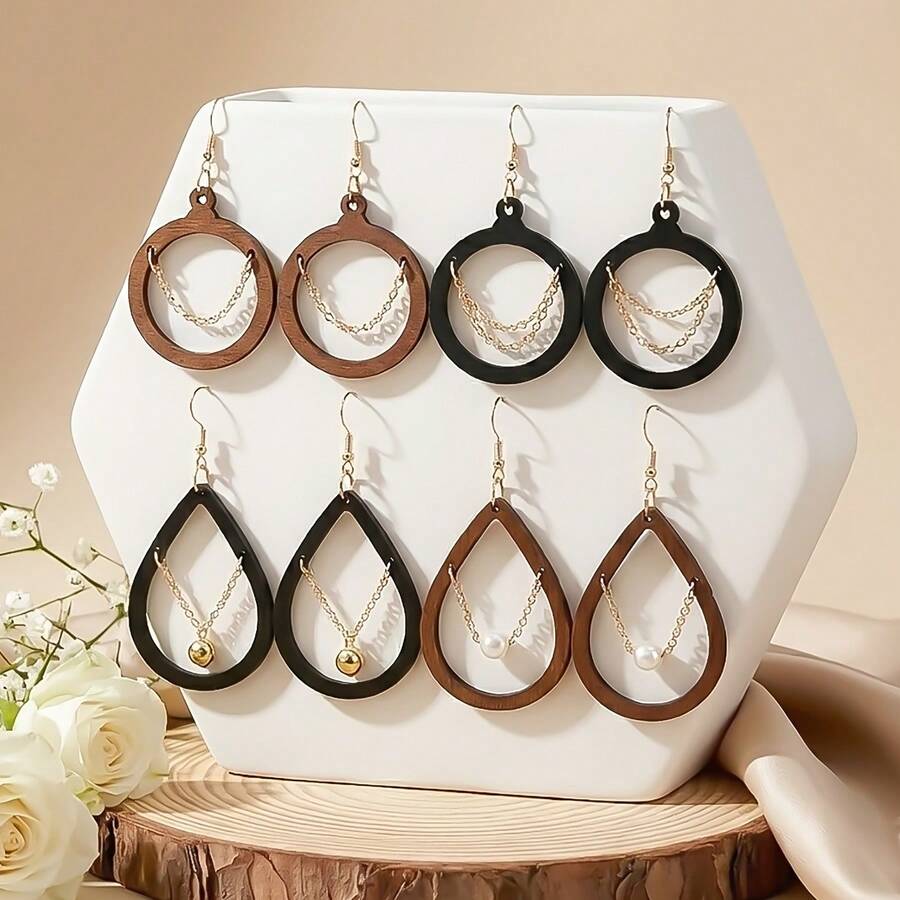 Bộ 4 đôi khuyên tai nữ thời trang dáng dài, phong cách đồng quê Bohemian cổ điển, mặt dây chuyền ngọc trai giả hình tròn/giọt nước hình học rỗng bằng gỗ, thích hợp cho sử dụng hàng ngày, đi nghỉ mát, lễ kỷ niệm, ngày lễ, quà tặng Ngày Valentine. - Nhiều màu - Xem 1