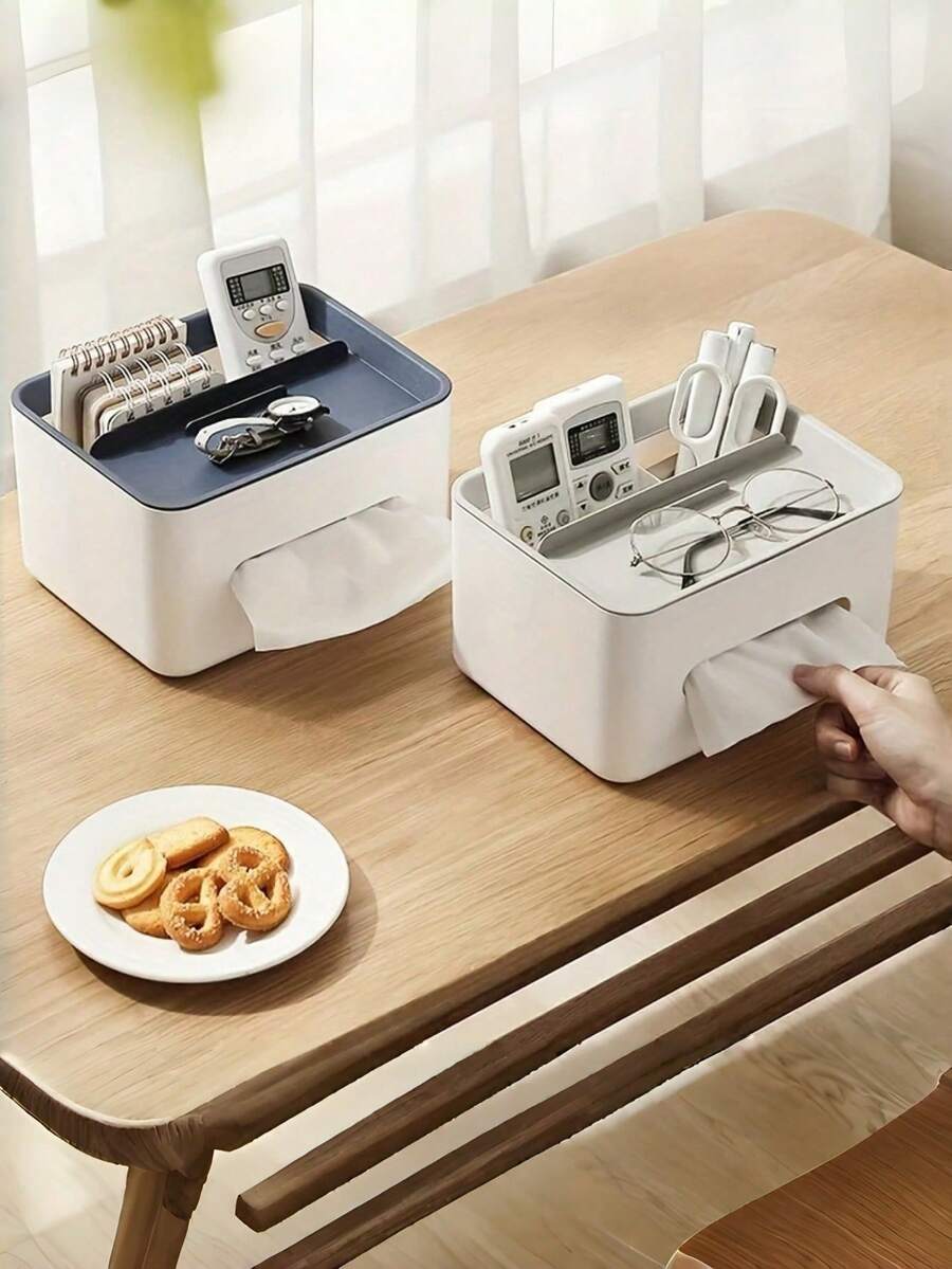 1 hộp đựng đồ để bàn màu trắng kiểu dáng đơn giản, hộp đựng đồ đa năng bằng nhựa tích hợp hộp khăn giấy, giá đỡ điện thoại, giá đựng kính, đồ dùng lưu trữ đa năng cho nhà, văn phòng, phòng ngủ, hành lang, ký túc xá, giúp dọn dẹp không gian bàn làm việc, món quà thiết thực cho năm mới, Ngày Valentine, Ngày của Mẹ, Ngày của Cha, Lễ tốt nghiệp.