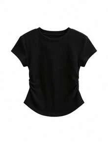 Damen Einfarbiges kurzes figurbetontes T-Shirt, minimalistischer Rundhalsausschnitt mit kurzen Ärmeln, dehnbares Unterhemd, Frühling/Sommer Basic Crop Top Casual Schwarz - Schwarz - Übersicht 4
