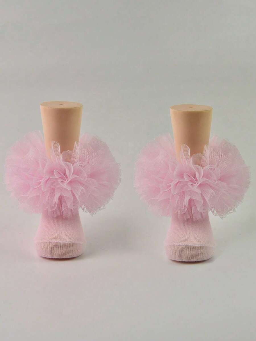 1 Pair Girls' Ruffled Floral Socks, Fluffy Princess Style Soft Infant & Toddler Socks - Multicolor - View 1