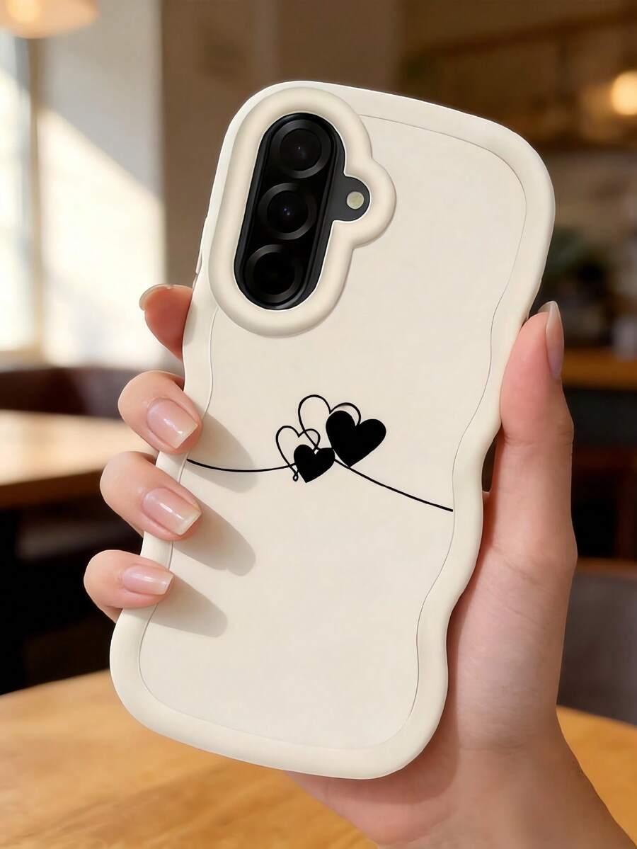 1pc Big Wave Dopamine Inspired Dual Heart Couple Phone Case Compatible With Note 14 4G/Galaxy A56/ Hot 30/ Moto E30/Smart 7, Smart 8/Honor X7, X8, X8A, X8B, X8C - White - View 1