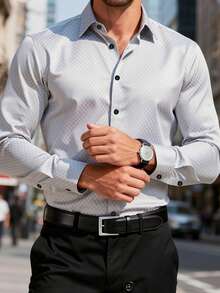 Men's Front Button Long Sleeve Casual Shirt, Versatile Daily Wear - Light Grey - View 2