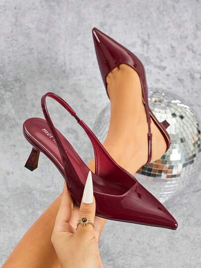 Women's High Heel Pumps, Pointed Toe High Heels, Fashion Versatile Stilettos, Slingback Backstrap Low Vamp Sandals, Commute Glossy Solid Color Office Shoes