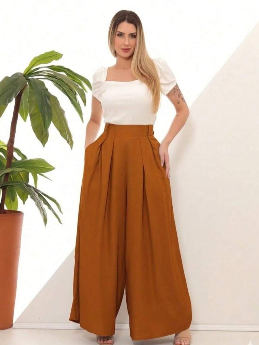 Women's Wide Leg High Waist Wide Leg Pants - Amber Brown - View 1