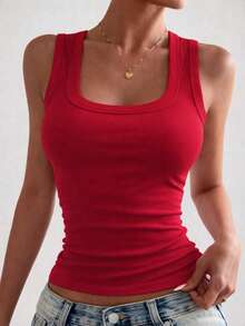 Women's Ribbed Tank Top With Square Neckline, U-Shaped Wide Straps, Premium Comfortable Ribbed Knit - Red - View 1