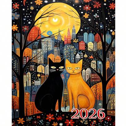 1幅2D DIY钻石画 2026新款城市夜景猫咪钻石画，全钻，客厅卧室手工水钻装饰画，节日礼物佳品