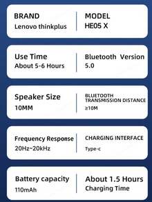 Lenovo HE05X 颈带式蓝牙耳机，运动入耳式无线耳机，音质高，音乐，通话，降噪，电池寿命长，麦克风 - 藍色 - 查看 10