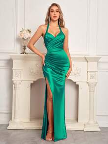 优雅女士缎面吊带连衣裙，胸部褶皱设计，高开衩，露背，正式晚礼服派对礼服 - 綠色 - 查看 1