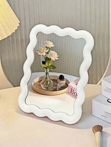 1 pieza Espejo de maquillaje lindo, diseño ondulado de crema para colocar sobre la mesa o montar en la pared, adecuado para dormitorio de estudiante, decoración de oficina pequeña, espejo de mano portátil, accesorio de tocador para el dormitorio, espejo compacto lindo, regalo ideal para adolescentes, amigas en cumpleaños, San Valentín, Navidad, vuelta al colegio - Multicolor - Ver 5
