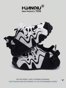 HUANQIU 2026新款男鞋，男士运动鞋，厚底休闲鞋，时尚多功能轻便舒适系带运动鞋，软底休闲鞋，跑步鞋，黑白四季鞋 - 黑與白 - 查看 2
