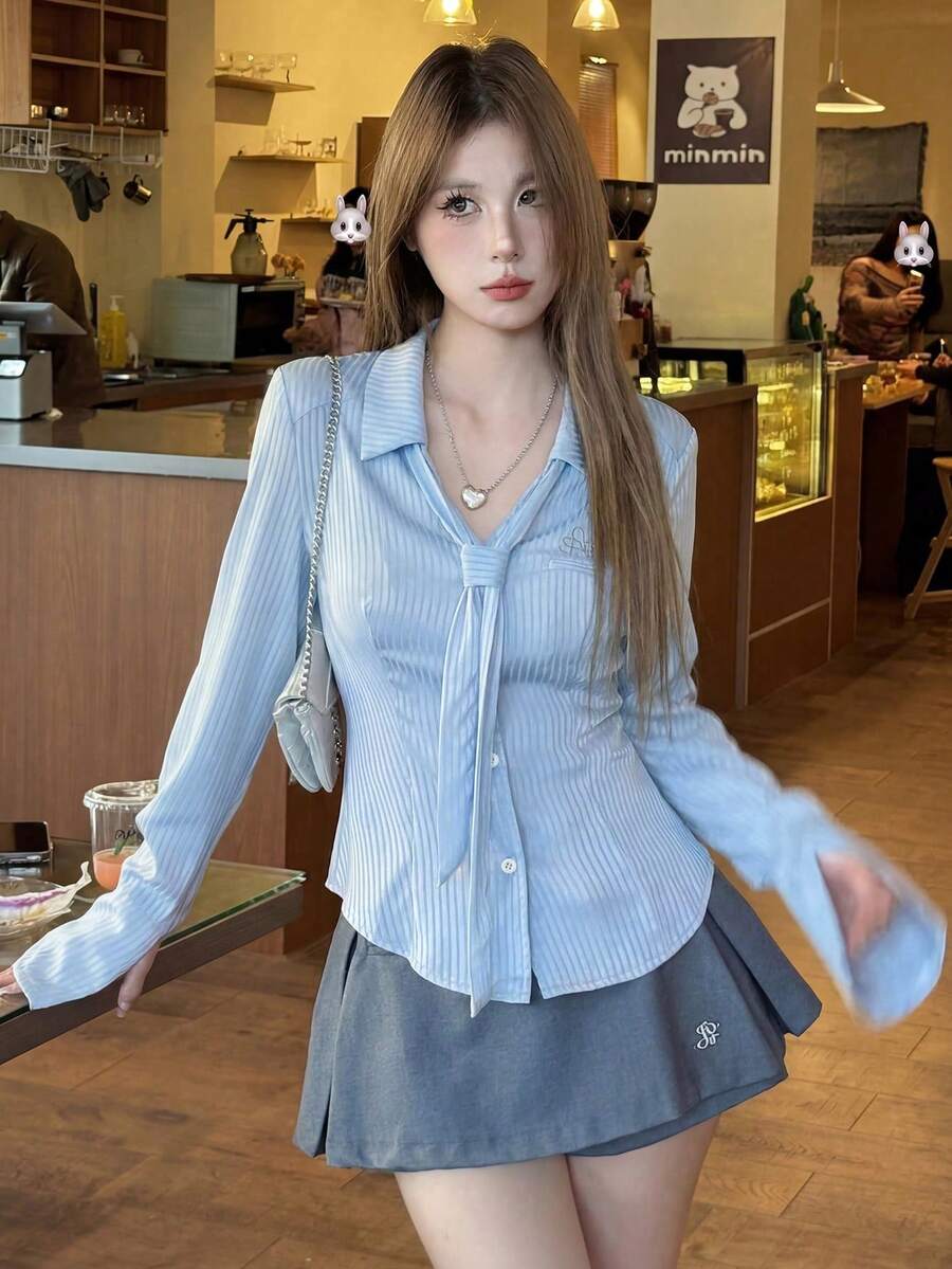 缎面领条纹修身长袖女式衬衫，甜美性感风，春季款 - 藍色 - 查看 1