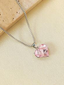 1 pieza Collar con colgante de corazón de vidrio con estilo de moda Y2K europeo y americano, regalo para mujeres en el Día de San Valentín - rosa plateado - Ver 3
