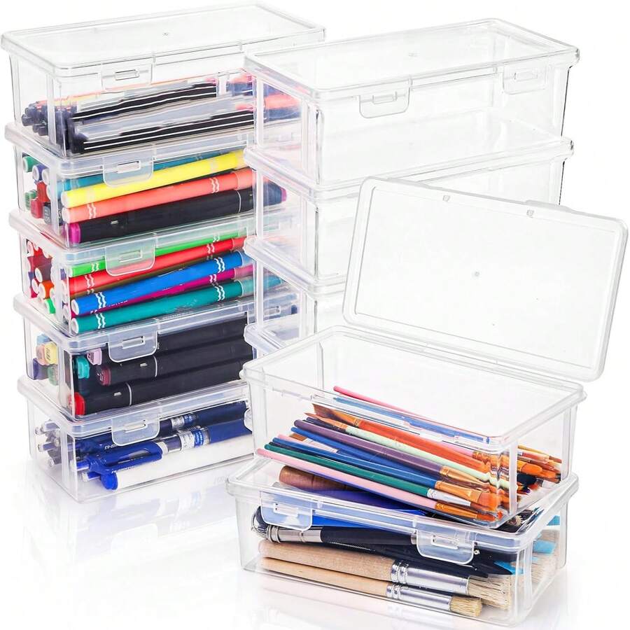 Clear Pencil Box, Small Plastic Pencil Case With Lid, Storage Boxes Bulk Stackable Design, Durable Office Supplies Organizer For Crayon Pencil, Craft, Brush - Transparent - View 1