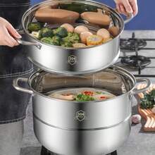 Nồi hấp 3 tầng bằng thép không gỉ - Dung tích lớn, chất liệu SUS 304, bề mặt được đánh bóng, lý tưởng để hấp bánh bao, há cảo và hải sản, bao gồm nắp và tay cầm, dụng cụ nhà bếp thiết yếu. - Xem 2