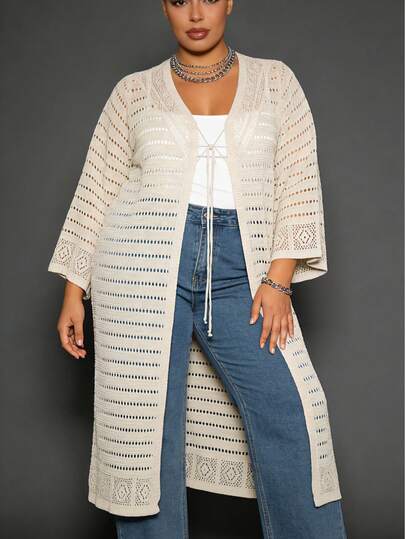 大码女式长袖开衫，镂空针织薄纱领轻薄长款开衫