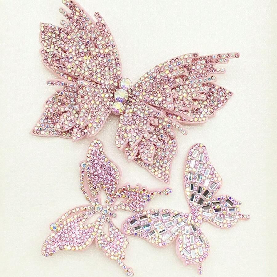3件套粉色水钻蝴蝶DIY手工缝纫装饰，适用于衣服、鞋子、包包 - 粉紅色水鑽蝴蝶 - 查看 1