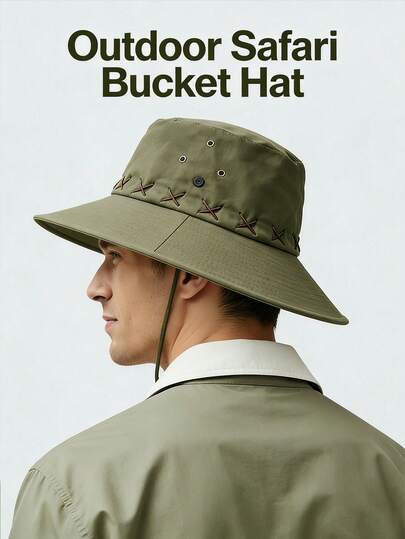 户外徒步钓鱼渔夫帽，纯色设计，经典探险风格，采用优质涤纶抓绒面料，饰有3D十字绣细节，透气孔和可调节下巴带，UPF 50+防晒，速干，是夏季徒步、露营、钓鱼和海滩活动的必备单品