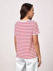 SHEINBASICSS Striped Print T-Shirt/Summer - Army Green - View 11