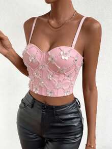Fashionable Resort Style Handmade Sequin Patchwork Camisole Tank Top For Women Casual - Pink - View 3