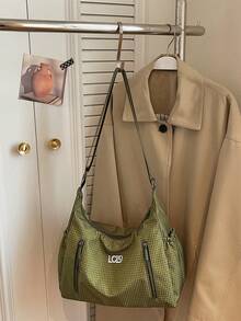 Women's Fabric Plaid Crescent Underarm Bag, Letter Embroidery Multi-Pocket Design Can Hold Water Bottle, Casual Sports Practical Shoulder Bag - Multicolor - View 9